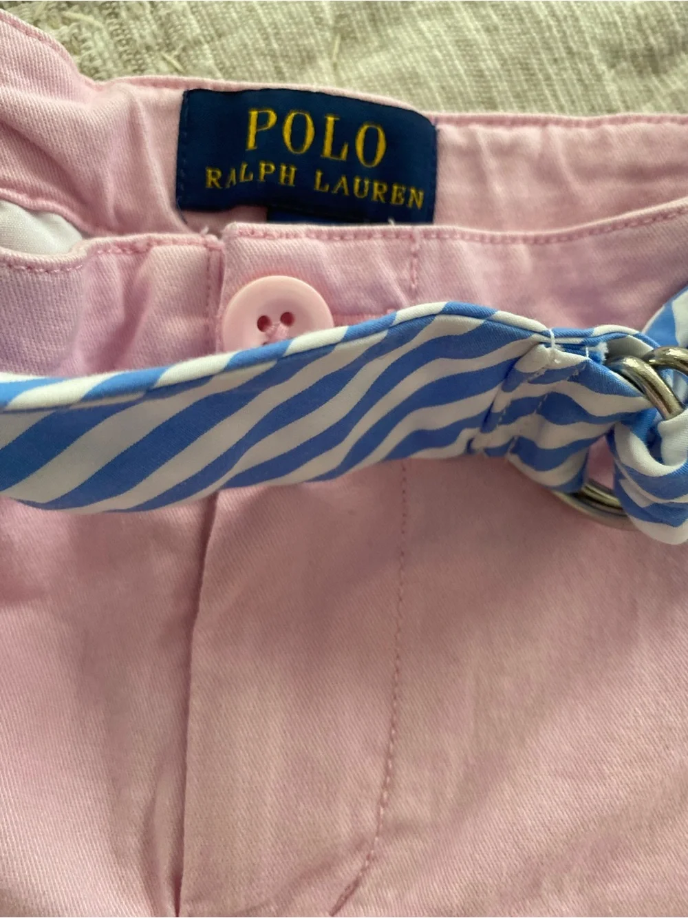 Ralph Lauren Pink Cotton Chino High-Waist Shorts with Blue Stripe Tie